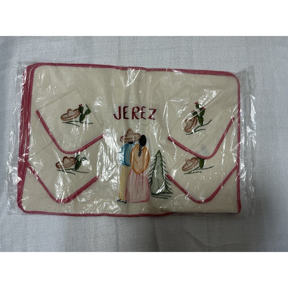 Vtg mexican embroidered Placemat Napkin Set Jerez Zacatecas Cotton Canvas NIP